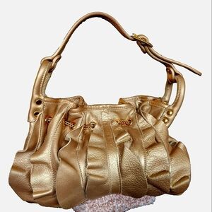 Be&D Ruffled Leather Hobo Satchel Gold Tone Brown Classic Vintage Luxury